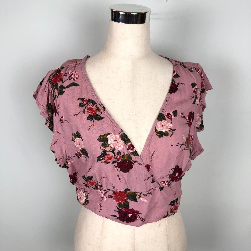 Xhilaration Cropped Wrap Flutter Sleeve Purple Top